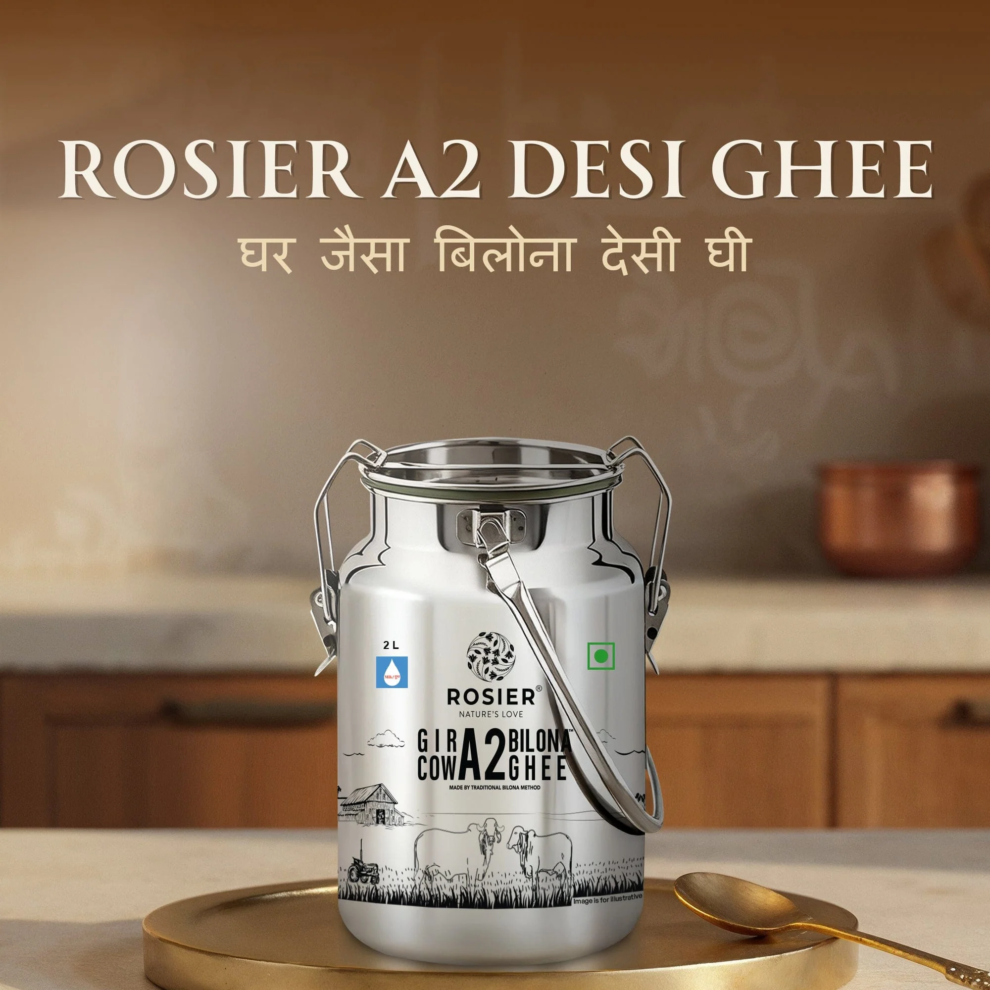 Gir Cow A2 ghee - Made From Curd (2 Ltr - Steel Dolchi) - Image 2
